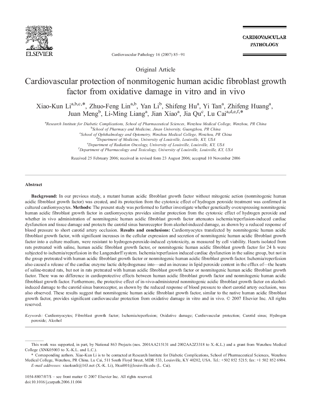 Cardiovascular protection of nonmitogenic human acidic fibroblast growth factor from oxidative damage in vitro and in vivo 