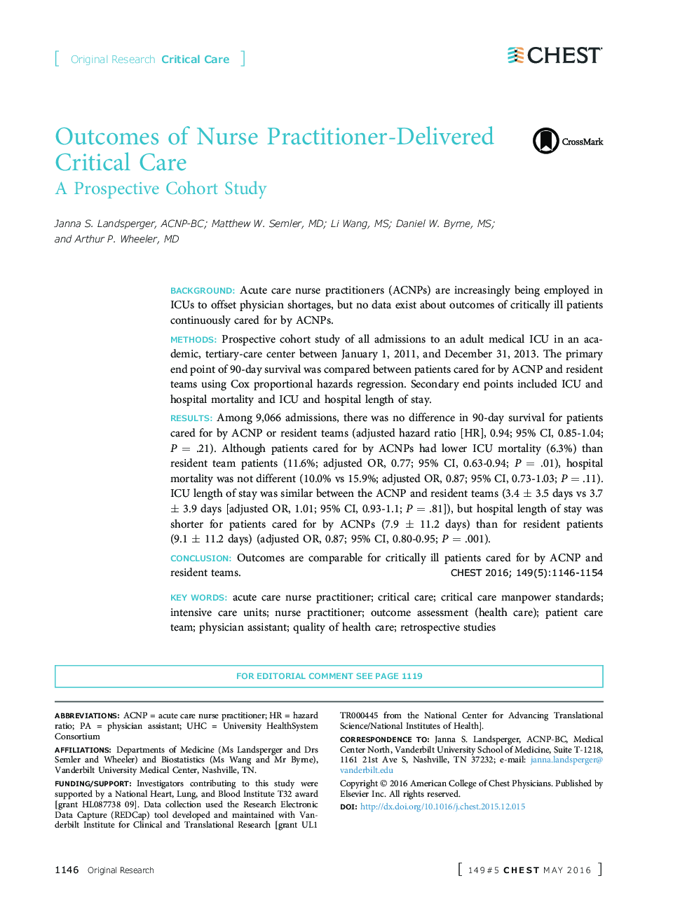 Outcomes of Nurse Practitioner-Delivered Critical Care : A Prospective Cohort Study