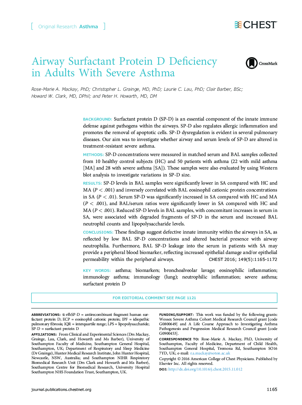 Airway Surfactant Protein D Deficiency in Adults With Severe Asthma 
