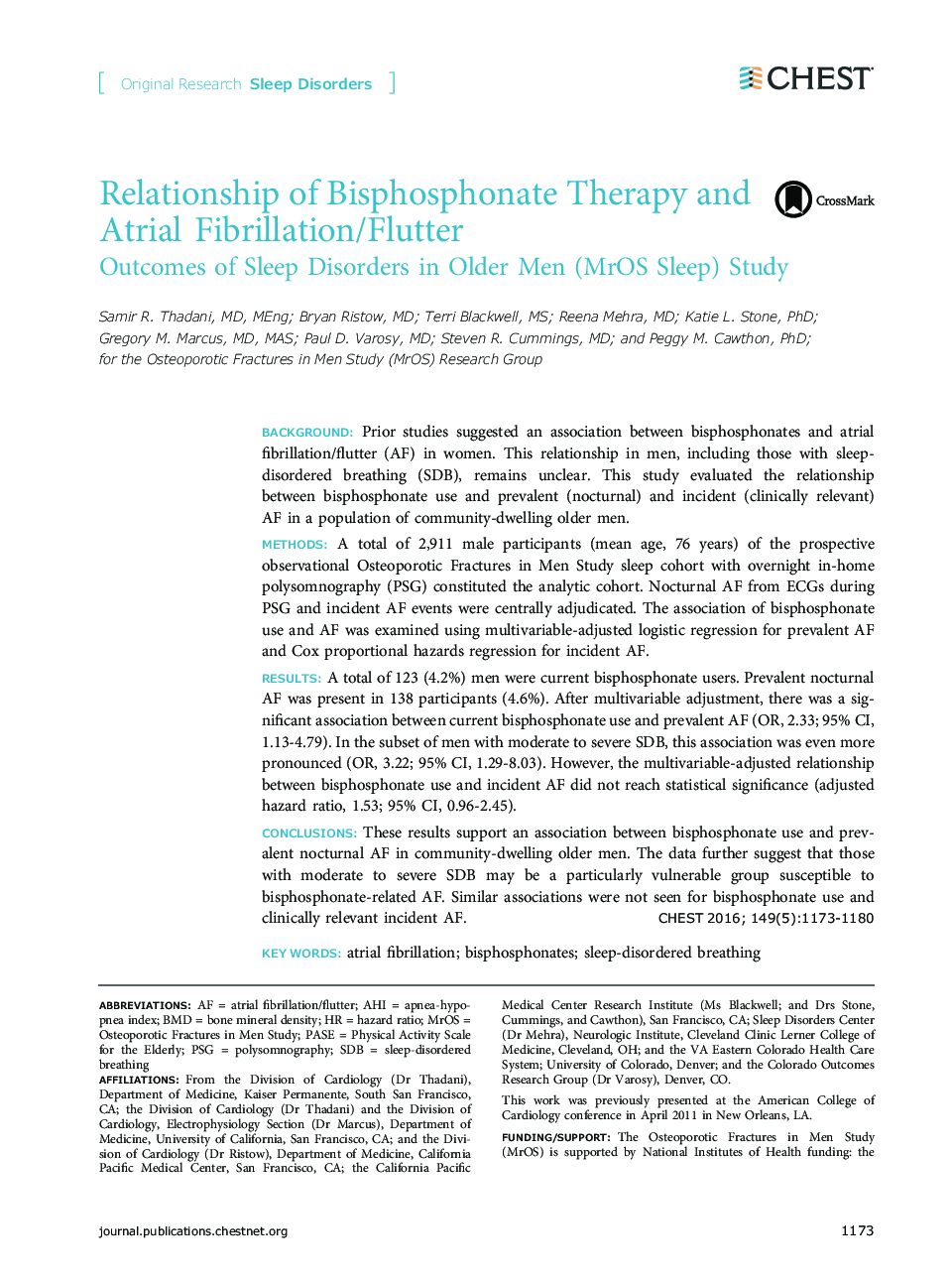 Relationship of Bisphosphonate Therapy and Atrial Fibrillation/Flutter : Outcomes of Sleep Disorders in Older Men (MrOS Sleep) Study