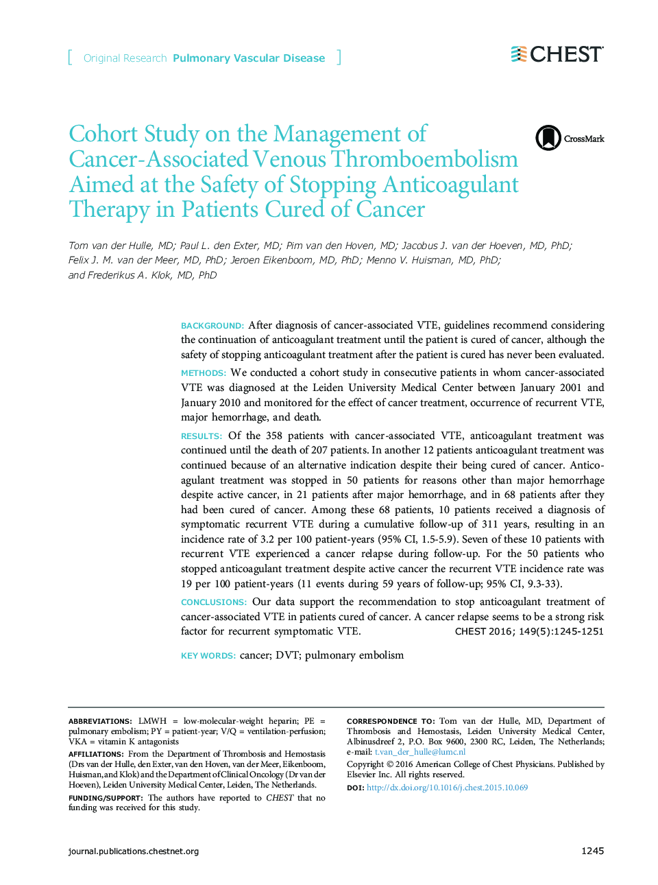Cohort Study on the Management of Cancer-Associated Venous Thromboembolism Aimed at the Safety of Stopping Anticoagulant Therapy in Patients Cured of Cancer 