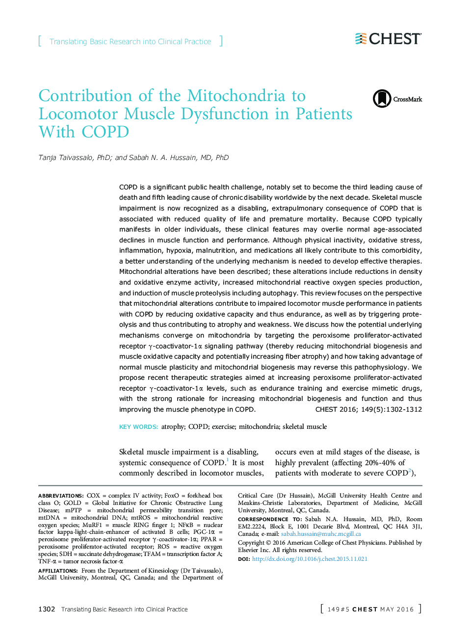 Contribution of the Mitochondria to Locomotor Muscle Dysfunction in Patients With COPD