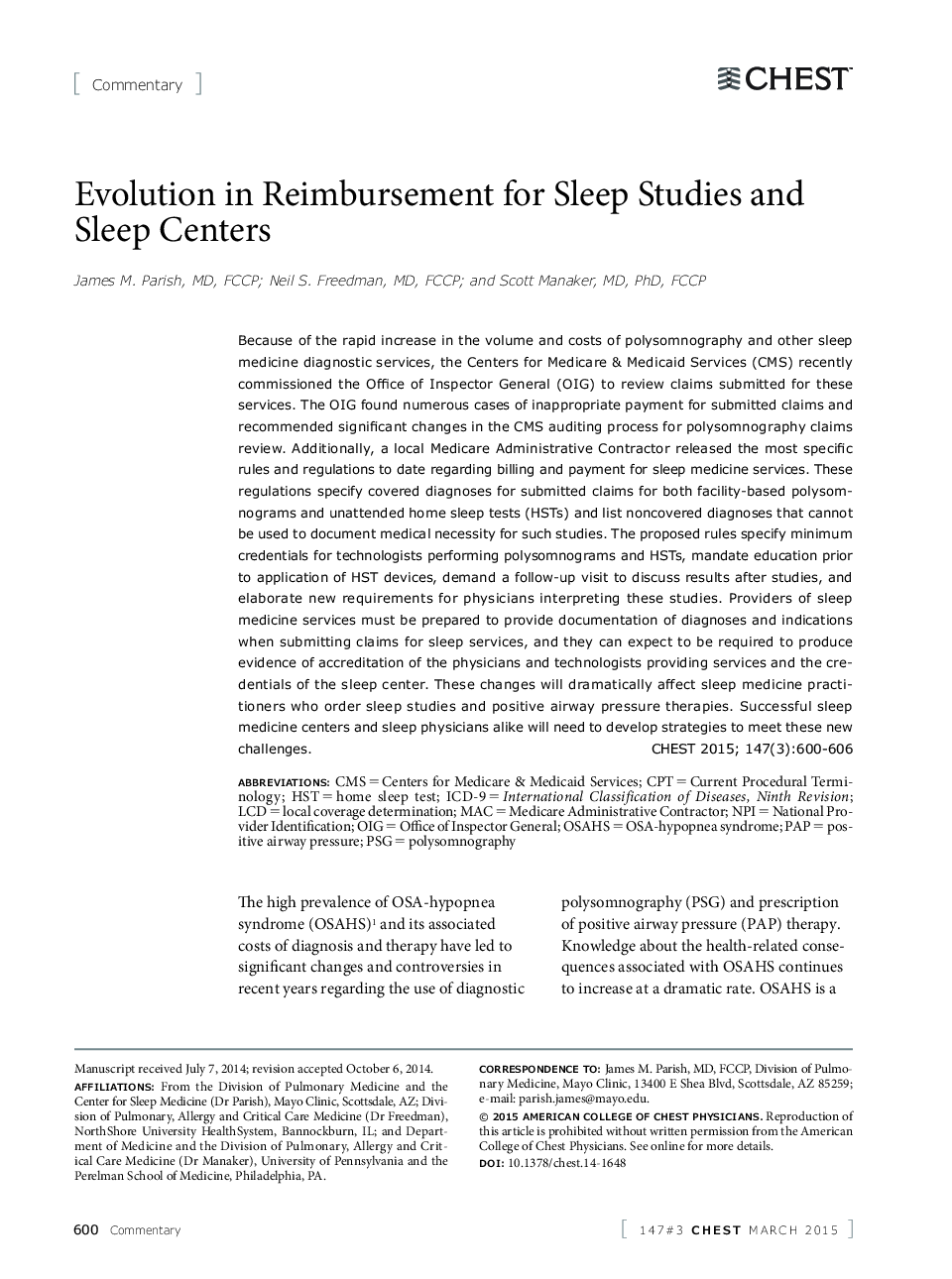 Evolution in Reimbursement for Sleep Studies and Sleep Centers 