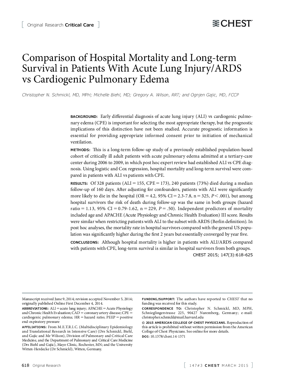 Comparison of Hospital Mortality and Long-term Survival in Patients With Acute Lung Injury/ARDS vs Cardiogenic Pulmonary Edema 