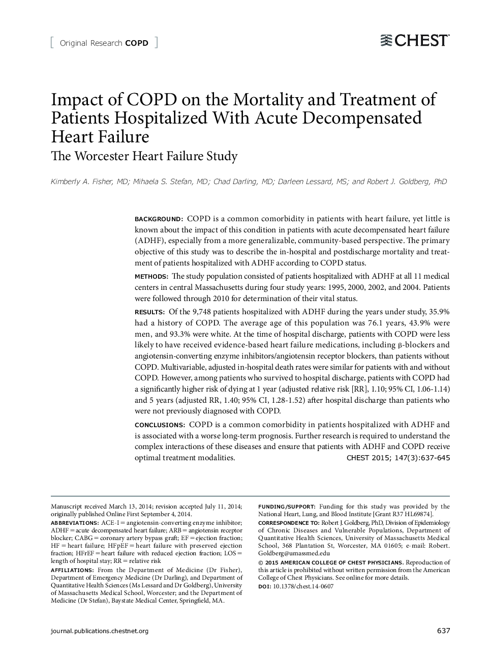 Impact of COPD on the Mortality and Treatment of Patients Hospitalized With Acute Decompensated Heart Failure : The Worcester Heart Failure Study