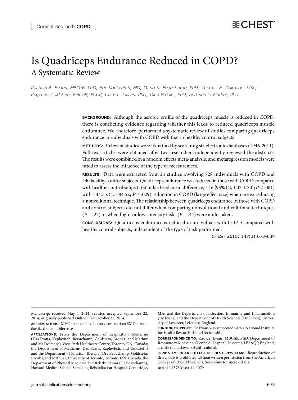 Is Quadriceps Endurance Reduced in COPD? : A Systematic Review
