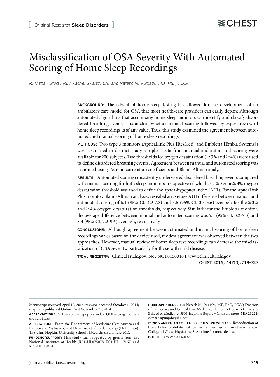 Misclassification of OSA Severity With Automated Scoring of Home Sleep Recordings 