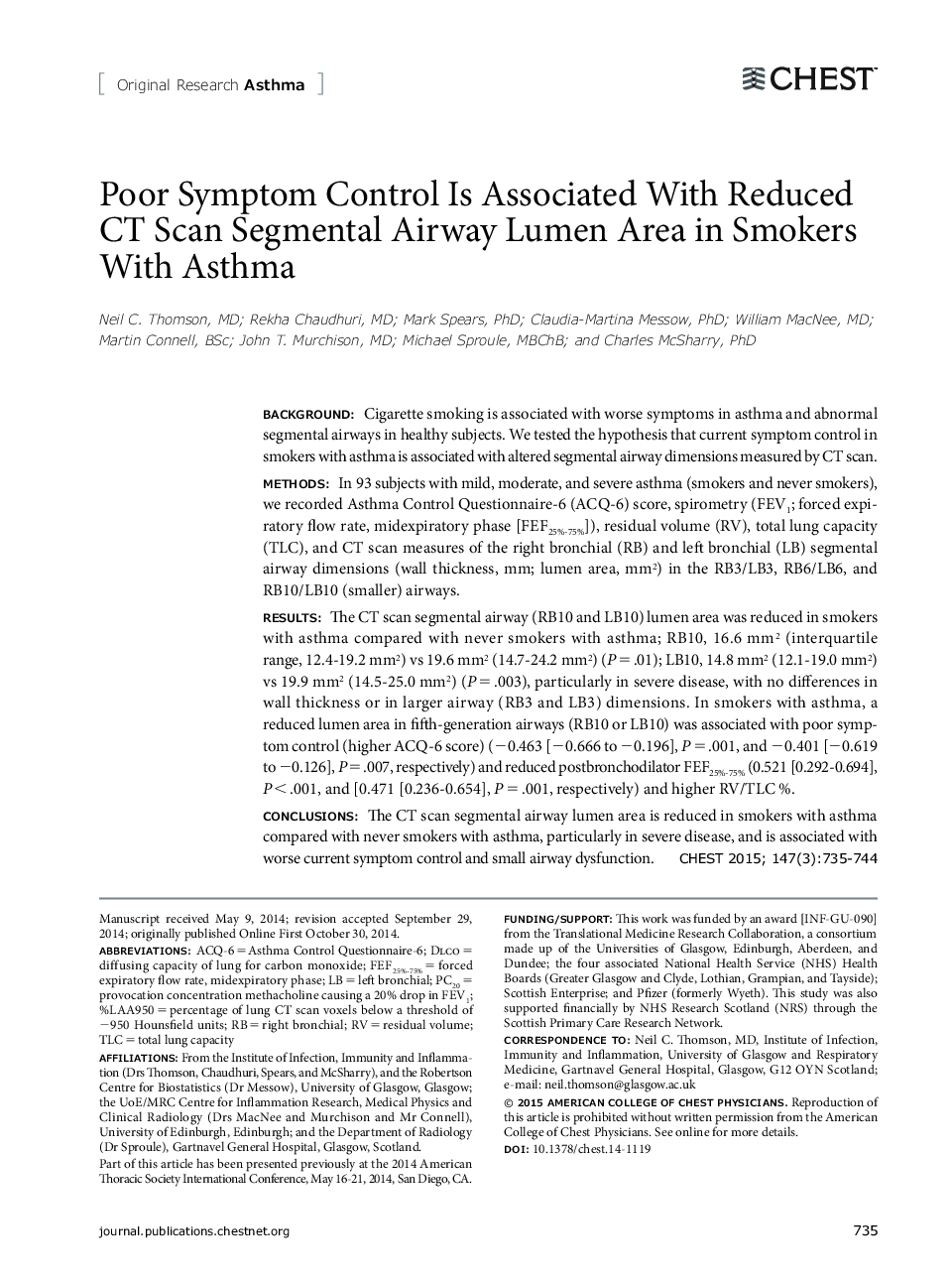 Poor Symptom Control Is Associated With Reduced CT Scan Segmental Airway Lumen Area in Smokers With Asthma 
