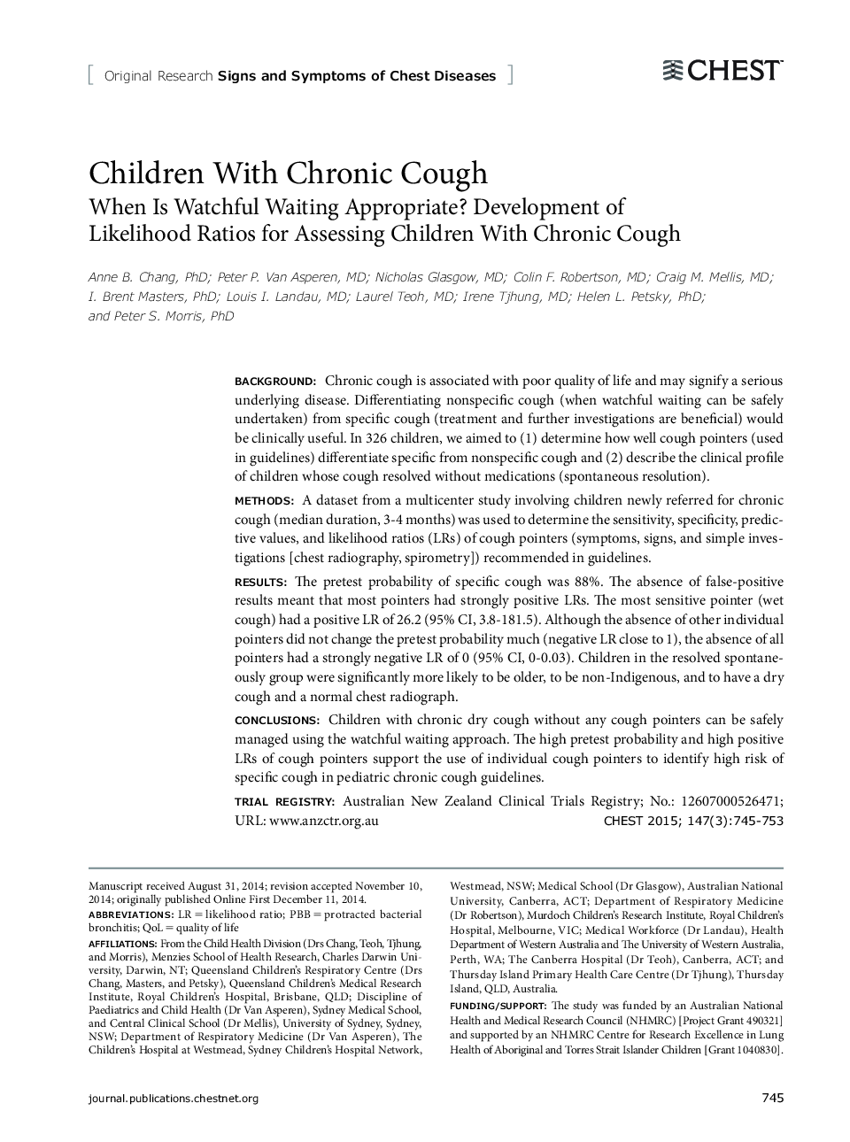 Children With Chronic Cough : When Is Watchful Waiting Appropriate? Development of Likelihood Ratios for Assessing Children With Chronic Cough