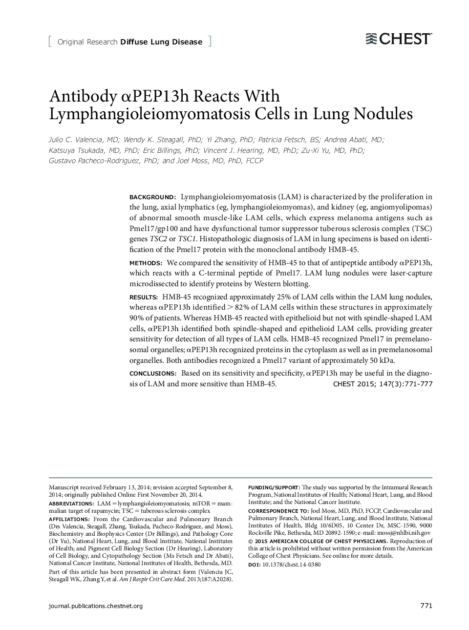 Antibody αPEP13h Reacts With Lymphangioleiomyomatosis Cells in Lung Nodules 