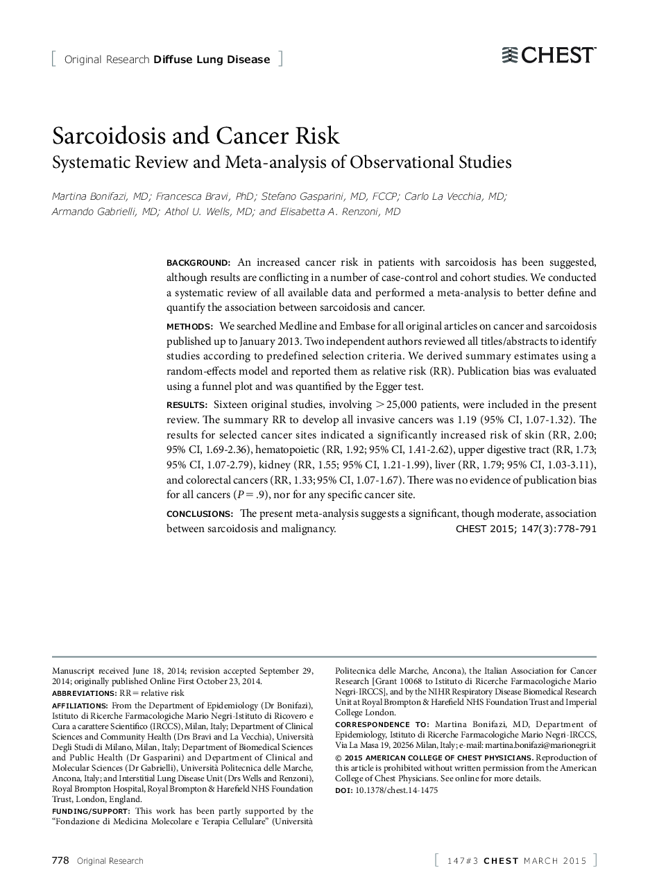 Sarcoidosis and Cancer Risk : Systematic Review and Meta-analysis of Observational Studies