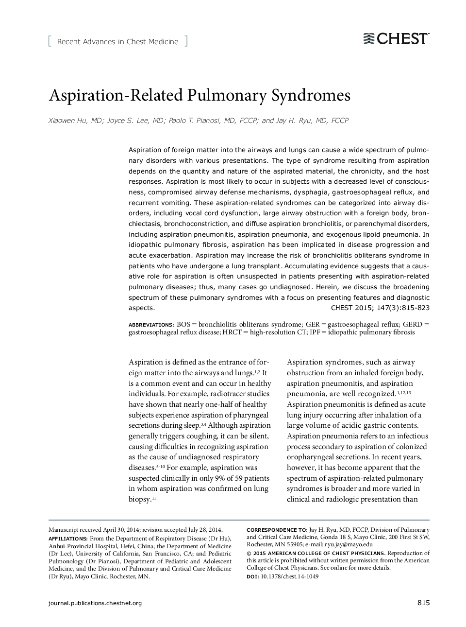 Aspiration-Related Pulmonary Syndromes 