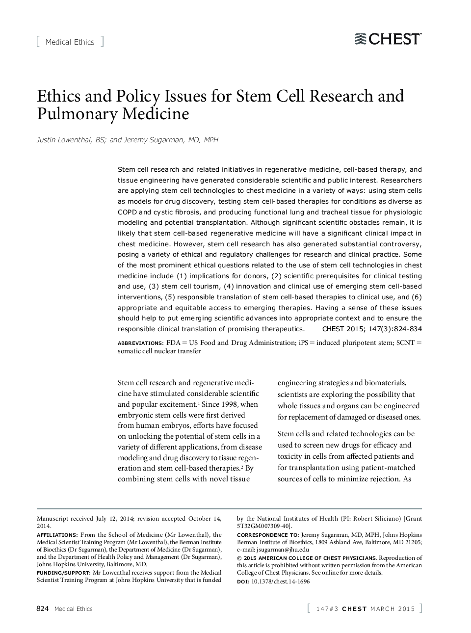 Ethics and Policy Issues for Stem Cell Research and Pulmonary Medicine 