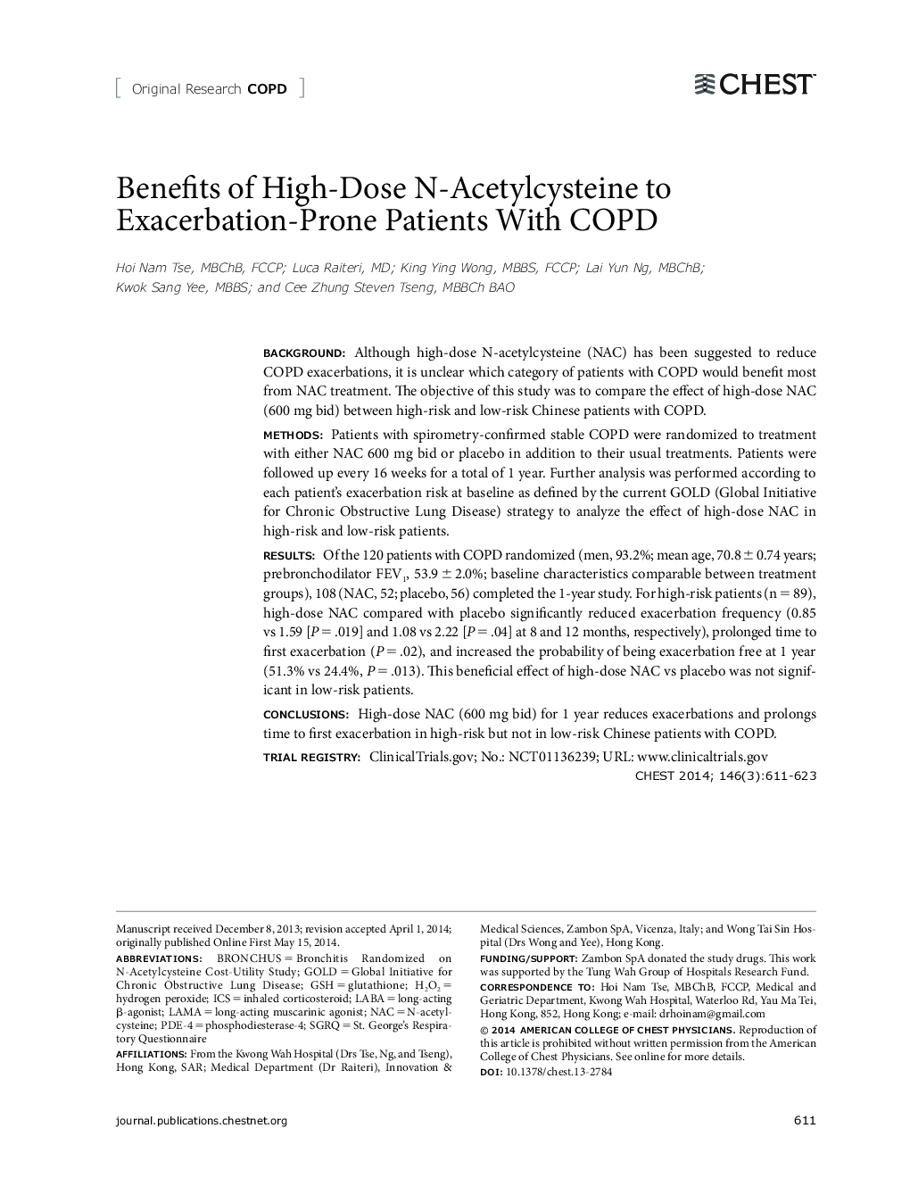 Benefits of High-Dose N-Acetylcysteine to Exacerbation-Prone Patients With COPD 
