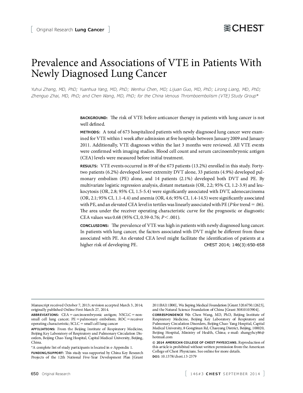 Prevalence and Associations of VTE in Patients With Newly Diagnosed Lung Cancer 