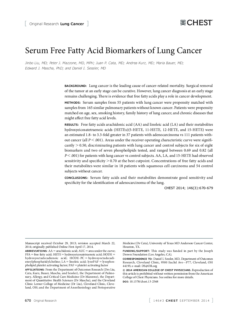 Serum Free Fatty Acid Biomarkers of Lung Cancer 