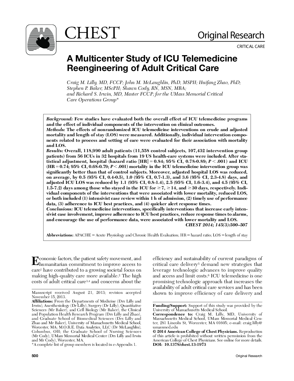 A Multicenter Study of ICU Telemedicine Reengineering of Adult Critical Care 