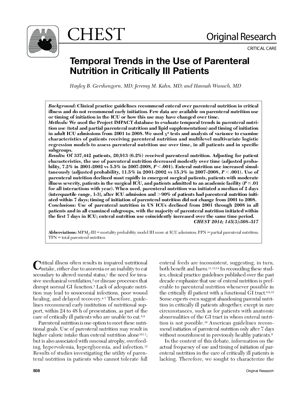 Temporal Trends in the Use of Parenteral Nutrition in Critically Ill Patients 