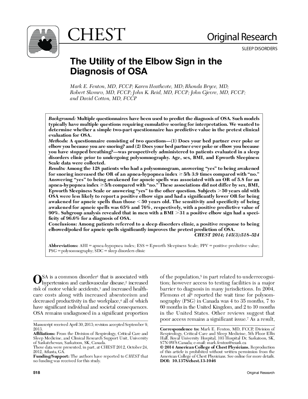 The Utility of the Elbow Sign in the Diagnosis of OSA 