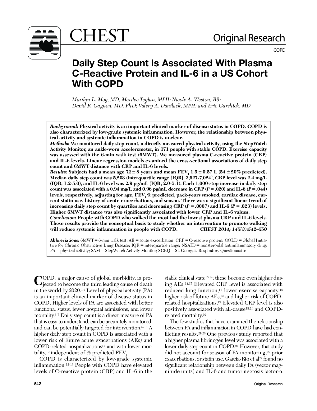 Daily Step Count Is Associated With Plasma C-Reactive Protein and IL-6 in a US Cohort With COPD 