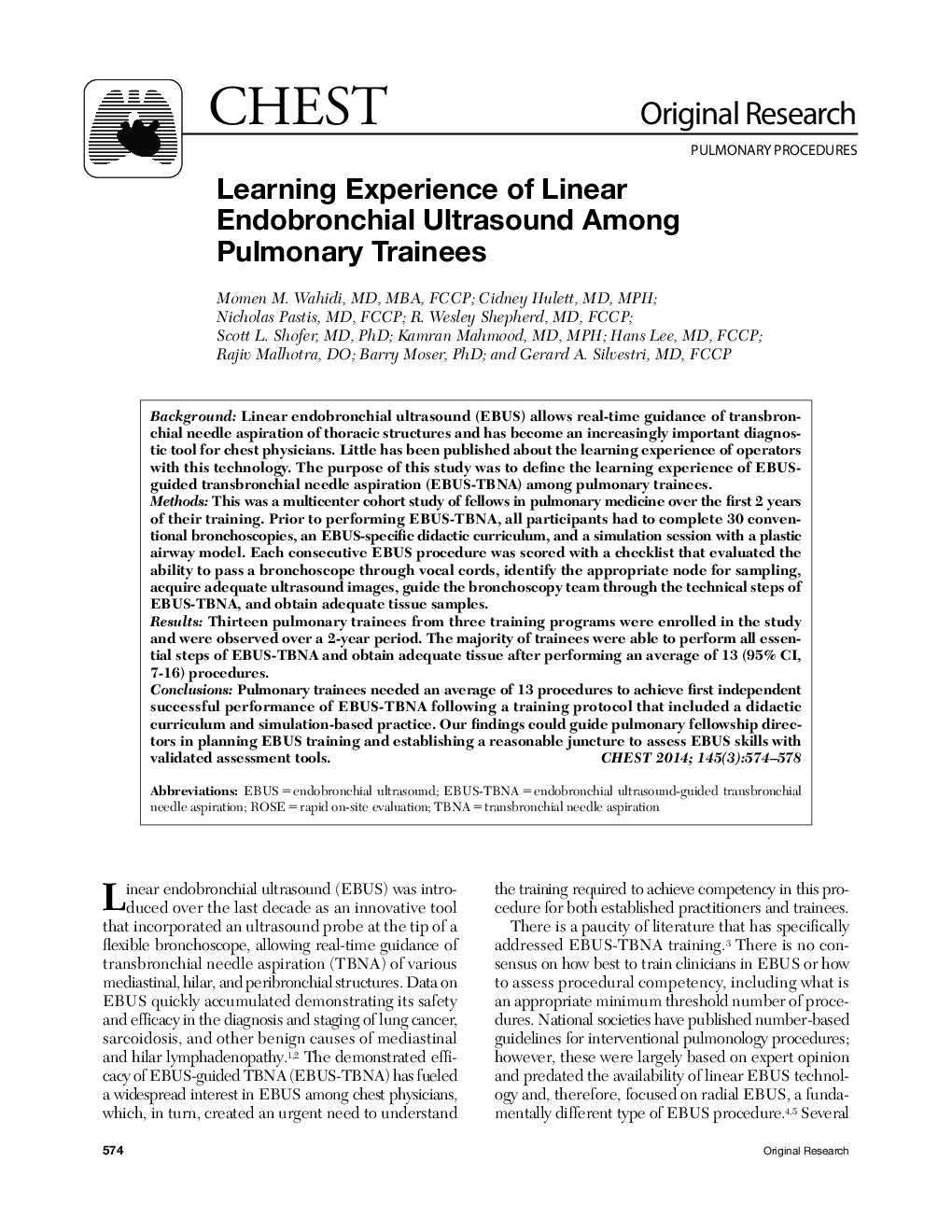 Learning Experience of Linear Endobronchial Ultrasound Among Pulmonary Trainees 