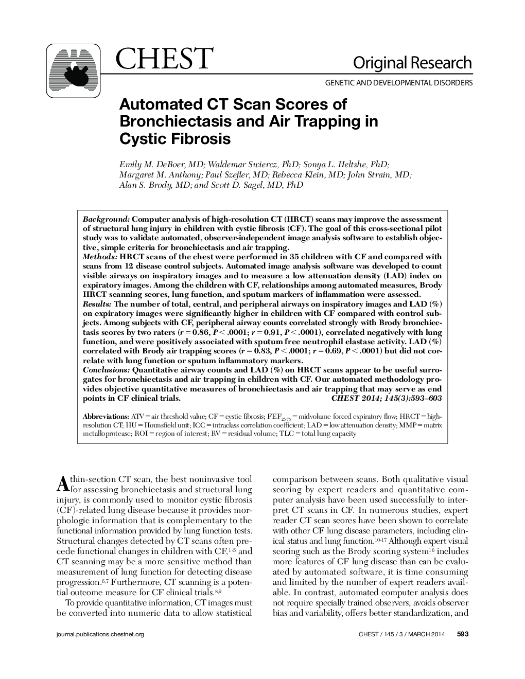 Automated CT Scan Scores of Bronchiectasis and Air Trapping in Cystic Fibrosis 