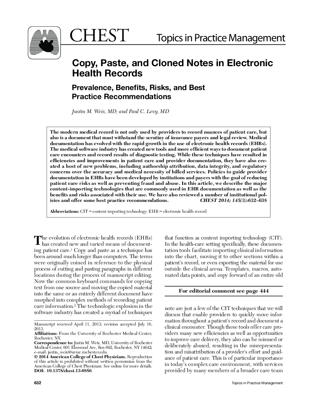 Copy, Paste, and Cloned Notes in Electronic Health Records 