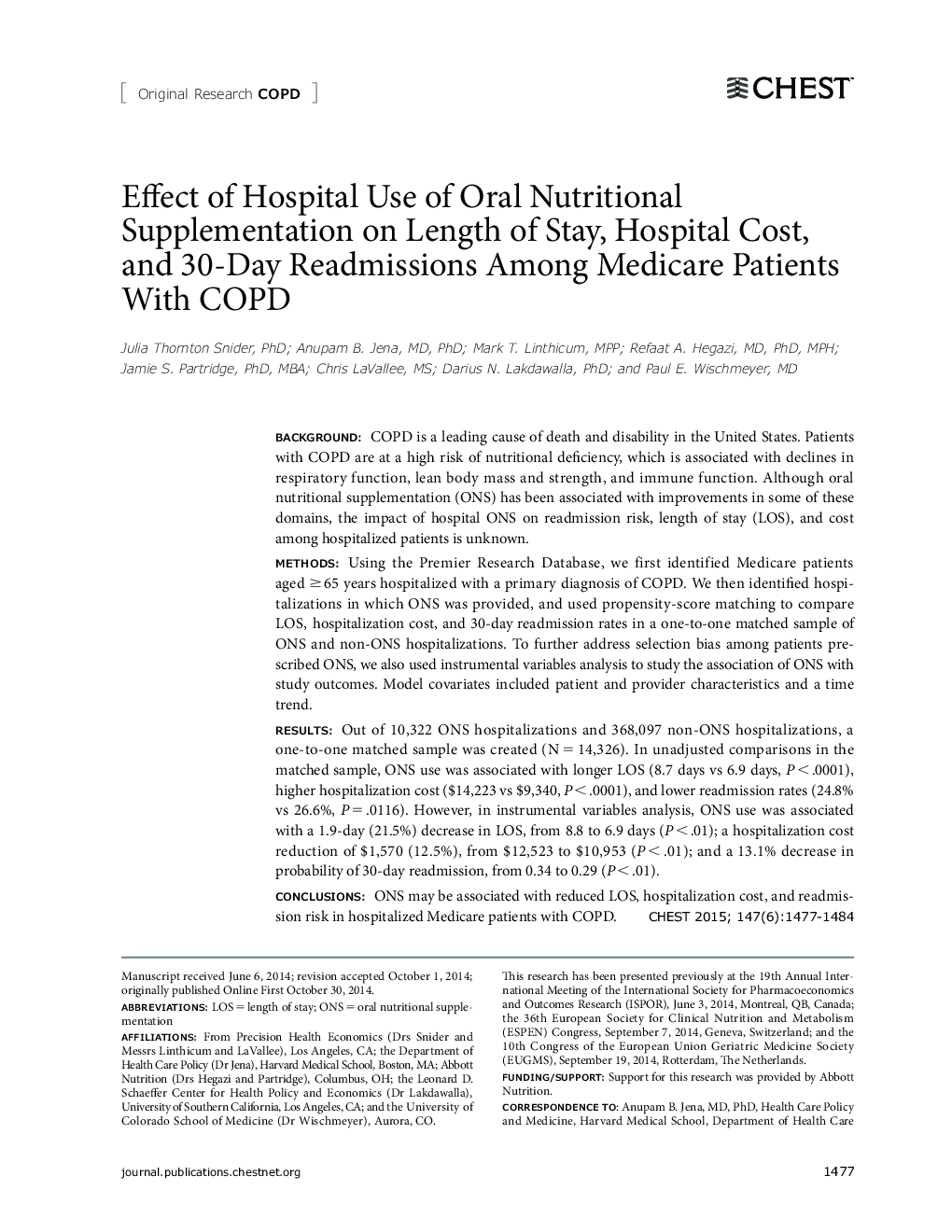 عکس صفحه اول مقاله: Effect of Hospital Use of Oral Nutritional Supplementation on Length of Stay, Hospital Cost, and 30-Day Readmissions Among Medicare Patients With COPD Effect of Hospital Use of Oral Nutritional Supplementation on Length of Stay, Hospital Cost, and 30-Day Readmissions Among Medicare Patients With COPD