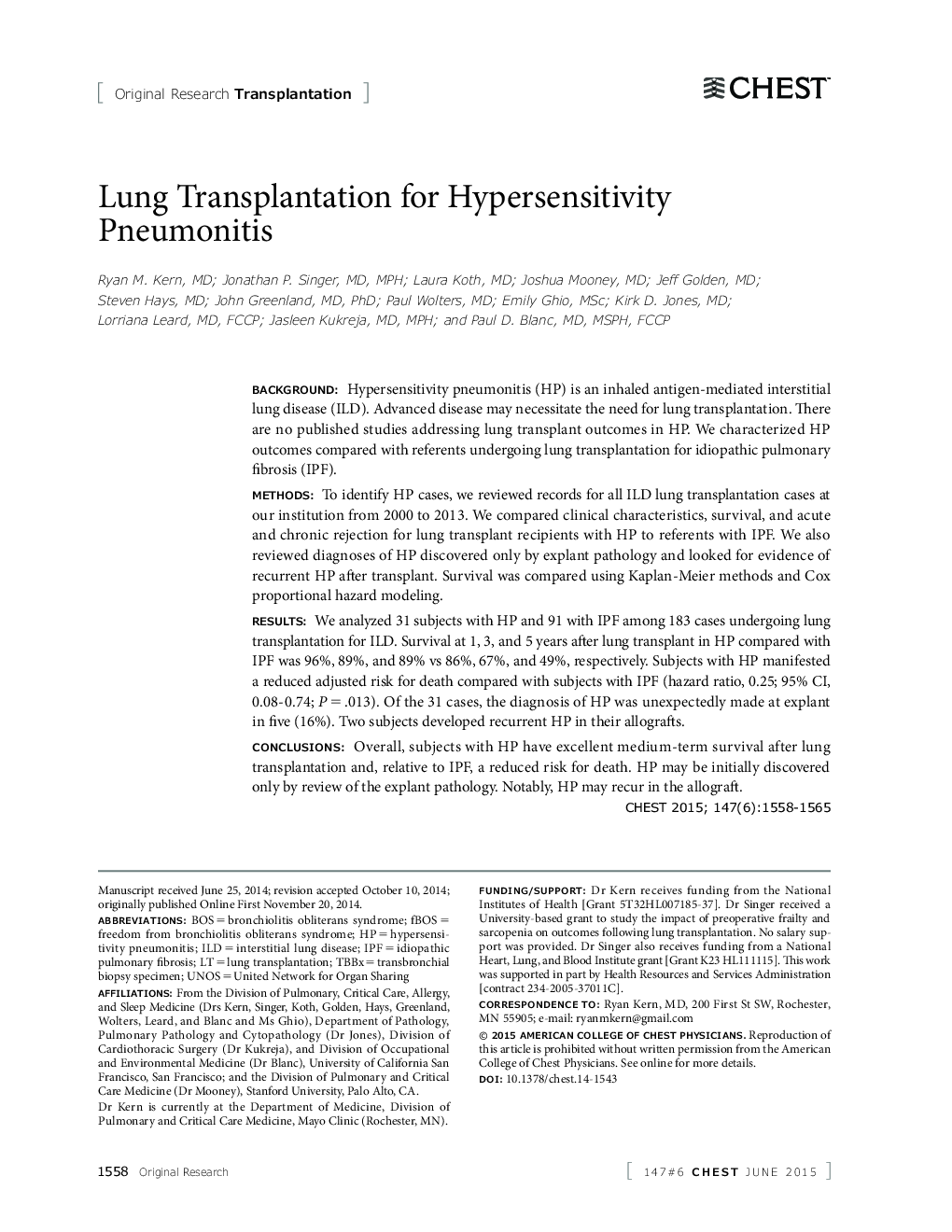 Lung Transplantation for Hypersensitivity Pneumonitis 