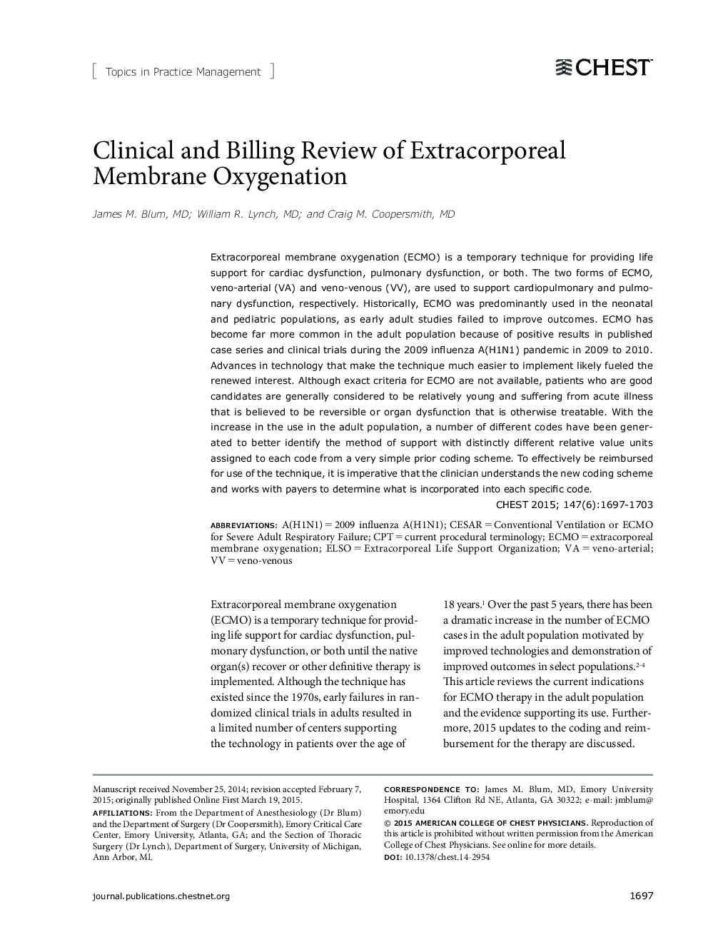 Clinical and Billing Review of Extracorporeal Membrane Oxygenation 