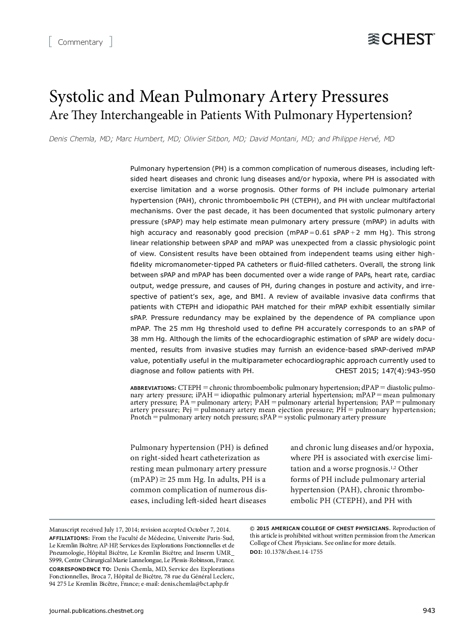 Systolic and Mean Pulmonary Artery Pressures : Are They Interchangeable in Patients With Pulmonary Hypertension?