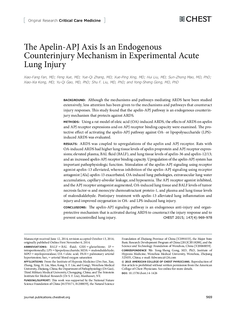 The Apelin-APJ Axis Is an Endogenous Counterinjury Mechanism in Experimental Acute Lung Injury 