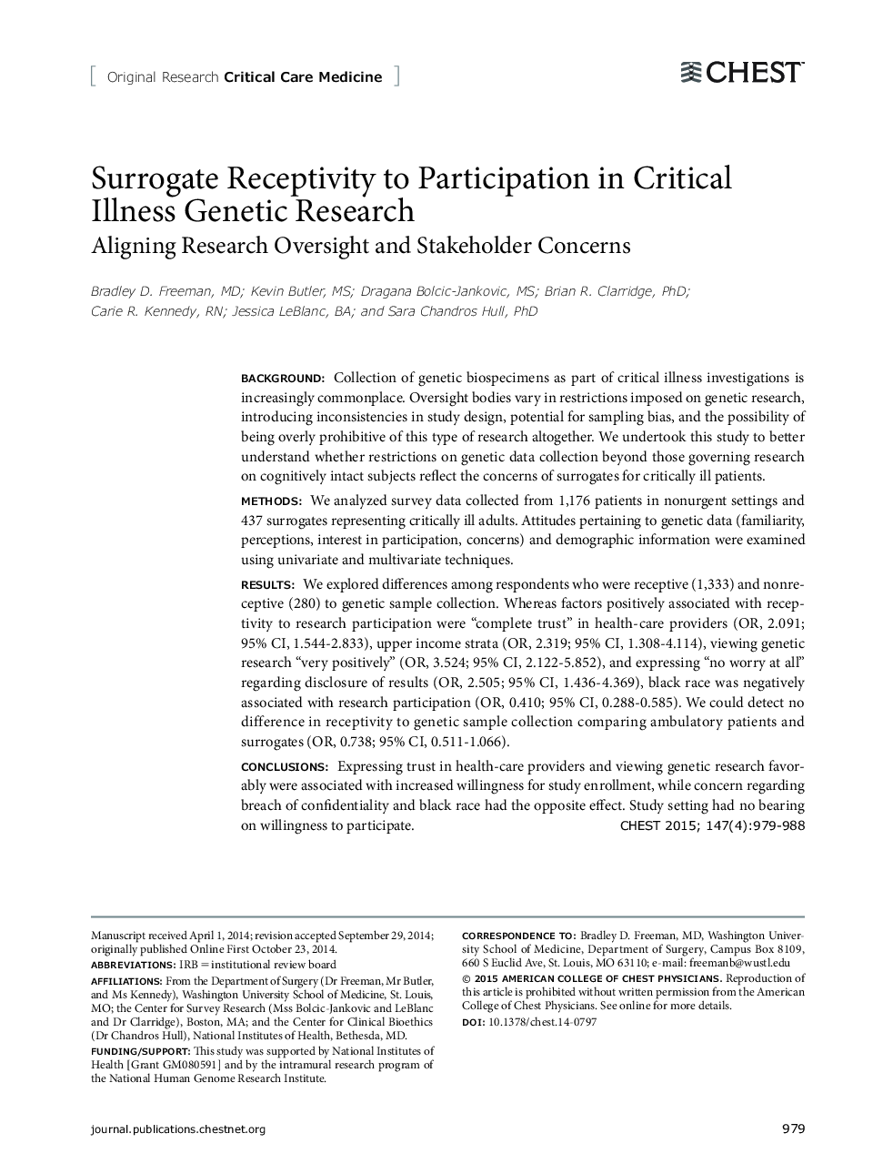 Surrogate Receptivity to Participation in Critical Illness Genetic Research : Aligning Research Oversight and Stakeholder Concerns