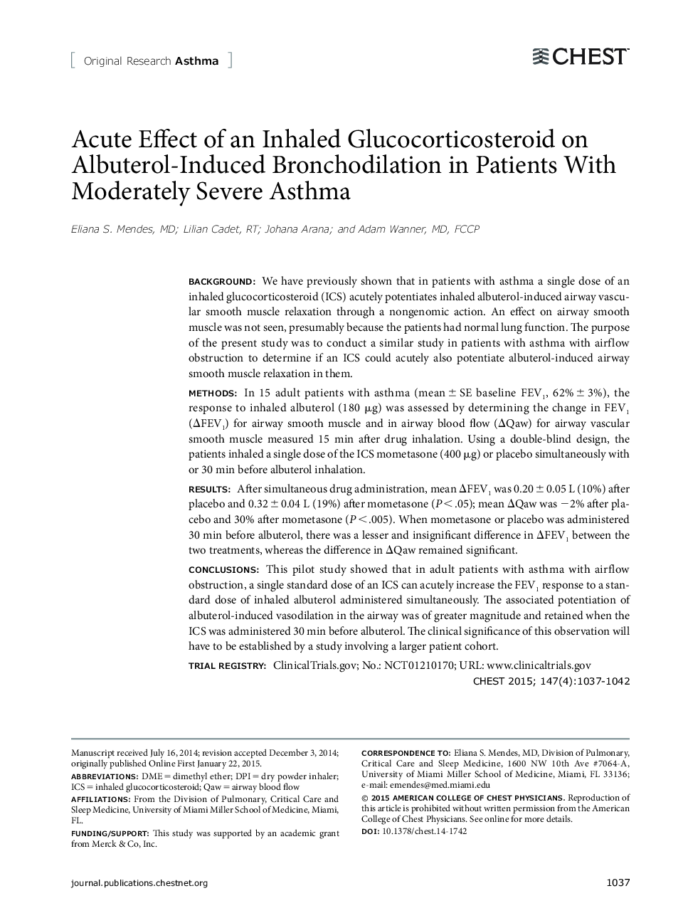 Acute Effect of an Inhaled Glucocorticosteroid on Albuterol-Induced Bronchodilation in Patients With Moderately Severe Asthma 