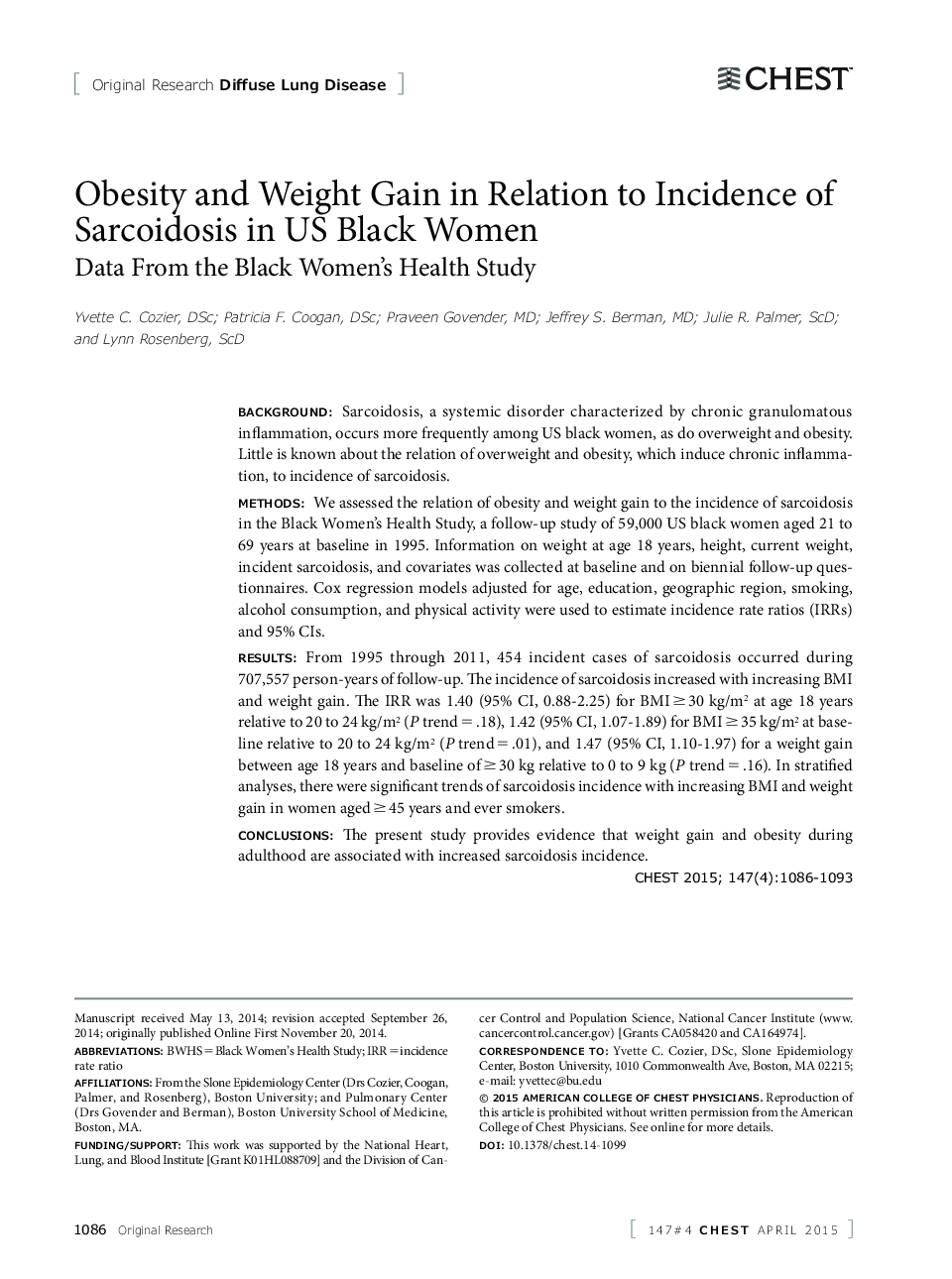 Obesity and Weight Gain in Relation to Incidence of Sarcoidosis in US Black Women : Data From the Black Women's Health Study