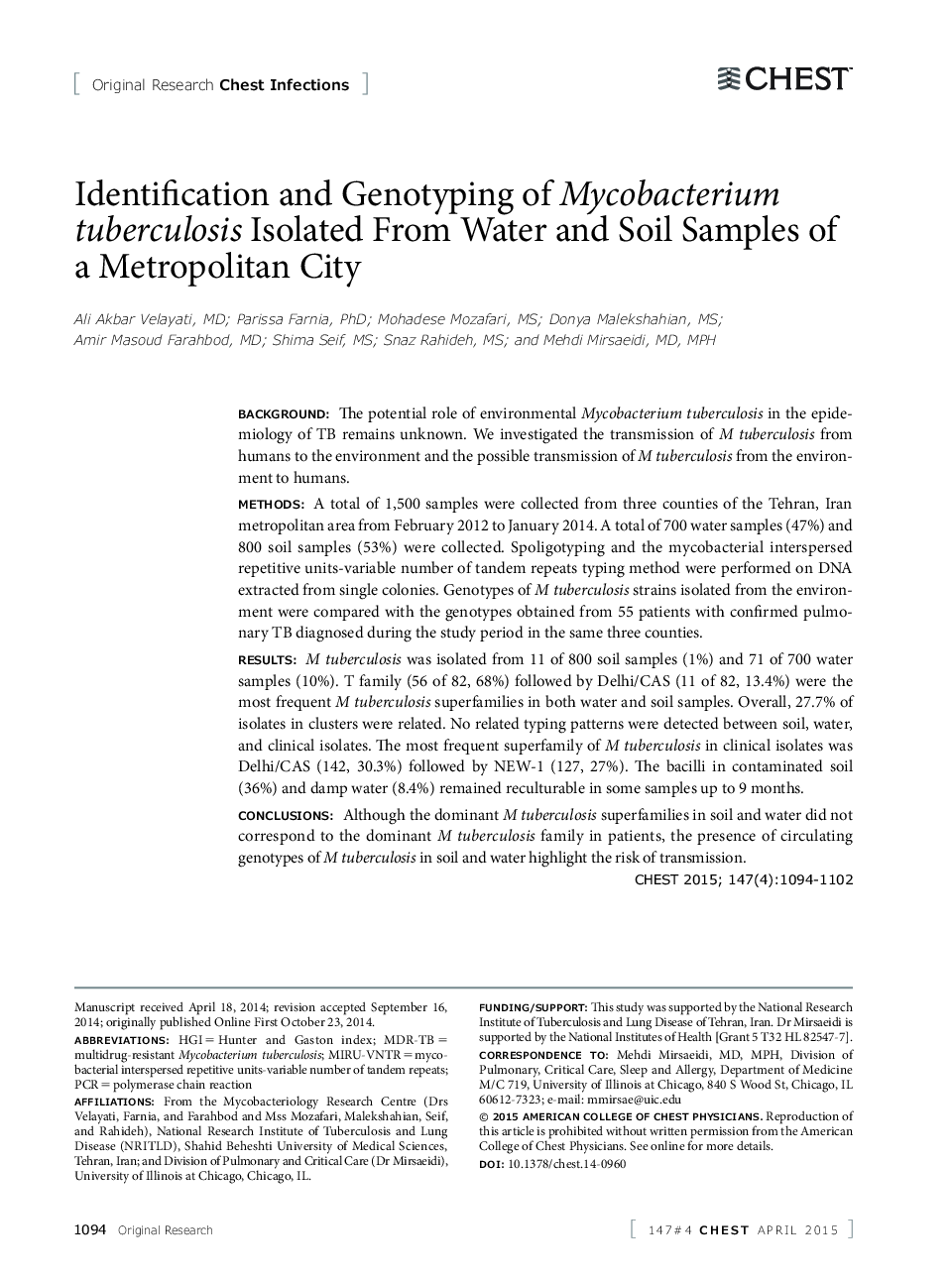 شناسایی و ژنوتایپ میکوباکتریوم توبرکلوز جدا شده از نمونه های آب و خاک یک شهر متروپولیتن 