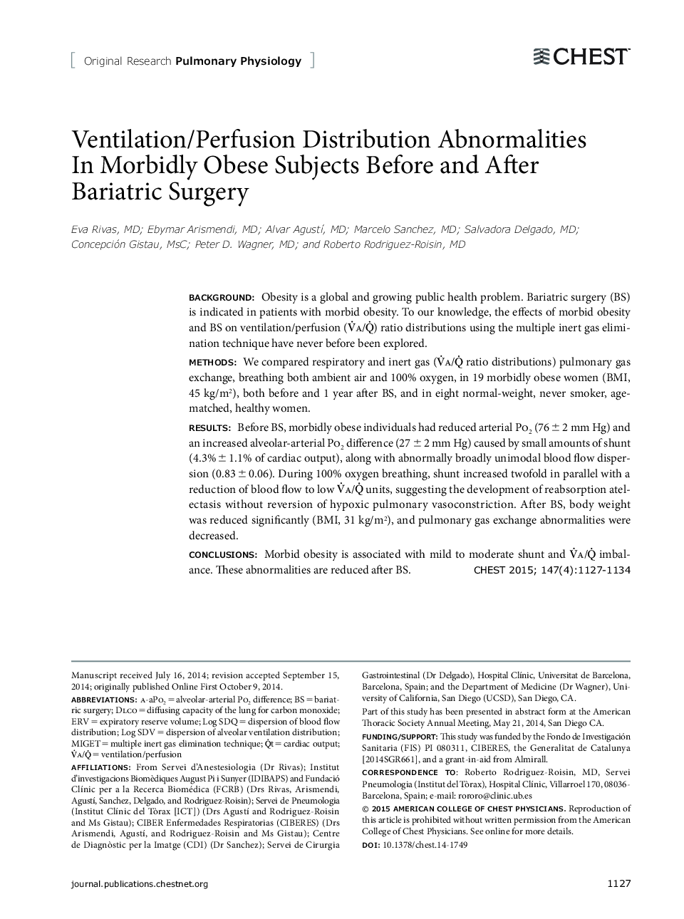 Ventilation/Perfusion Distribution Abnormalities In Morbidly Obese Subjects Before and After Bariatric Surgery 