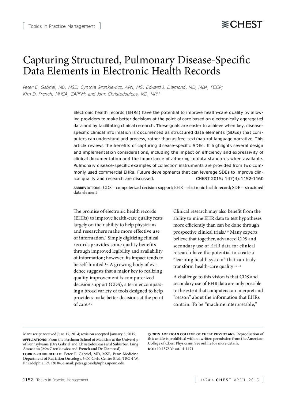 Capturing Structured, Pulmonary Disease-Specific Data Elements in Electronic Health Records