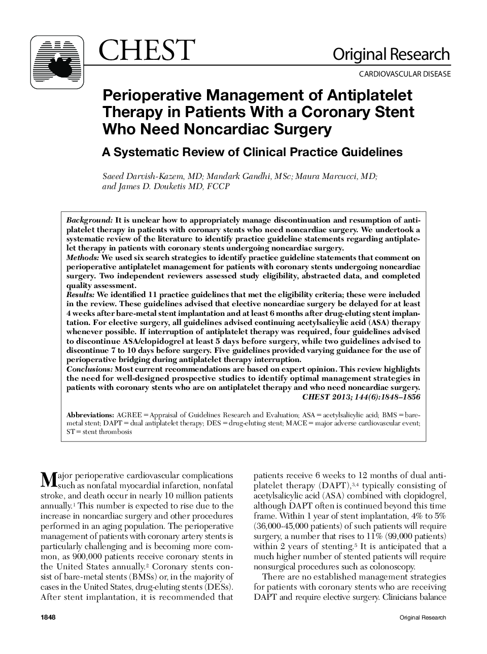 Perioperative Management of Antiplatelet Therapy in Patients With a Coronary Stent Who Need Noncardiac Surgery : A Systematic Review of Clinical Practice Guidelines