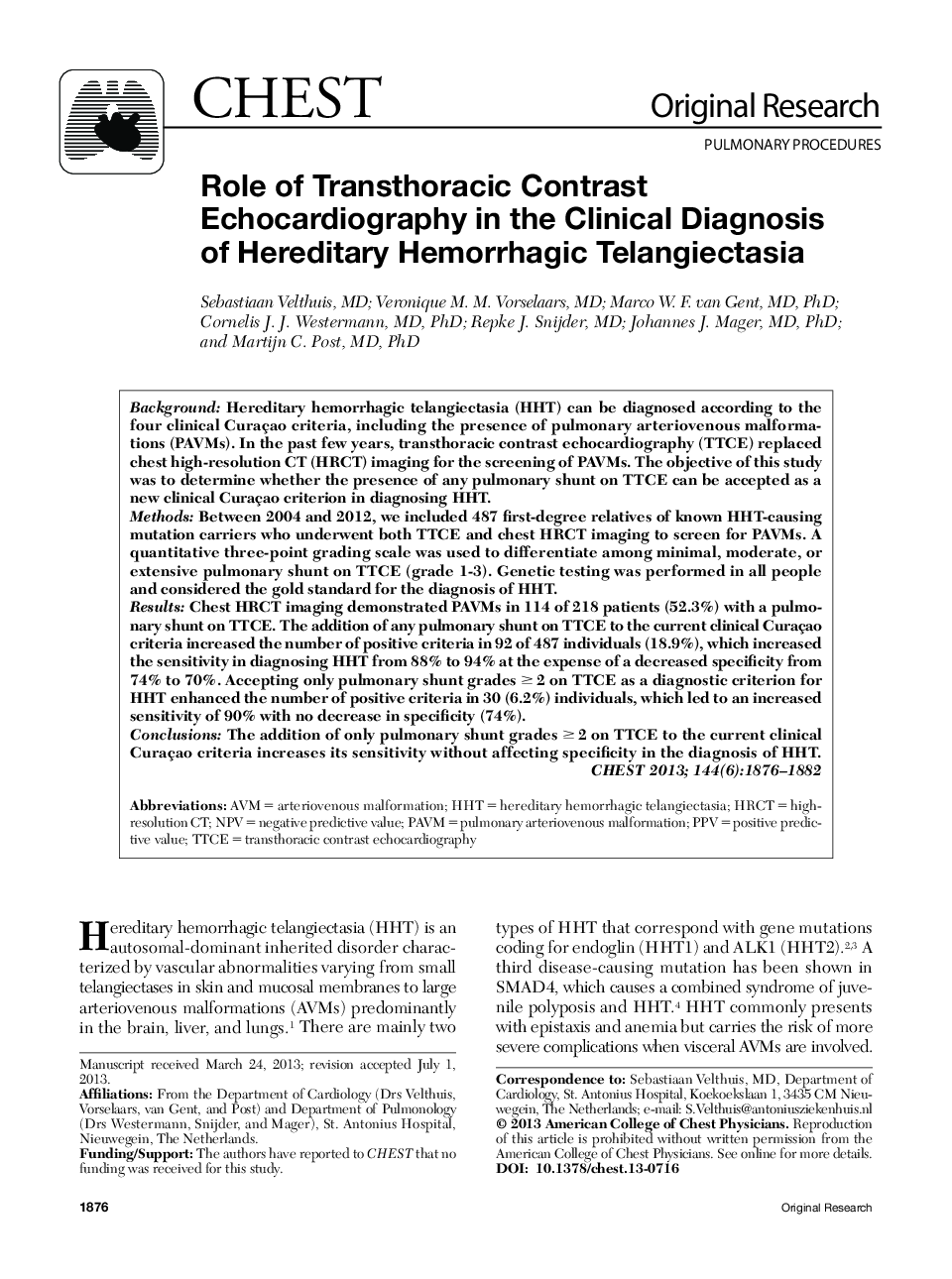 Role of Transthoracic Contrast Echocardiography in the Clinical Diagnosis of Hereditary Hemorrhagic Telangiectasia 