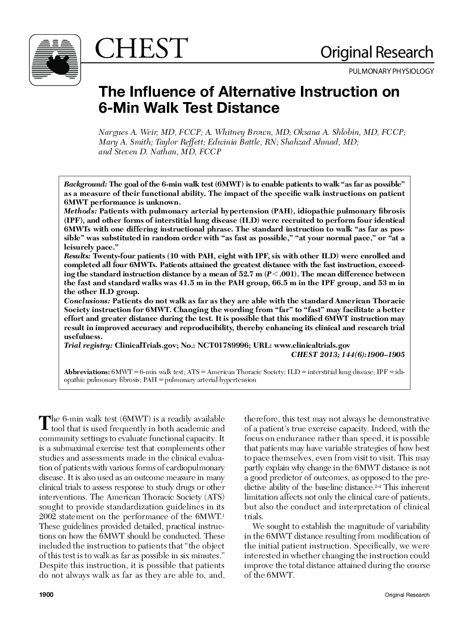 The Influence of Alternative Instruction on 6-Min Walk Test Distance 