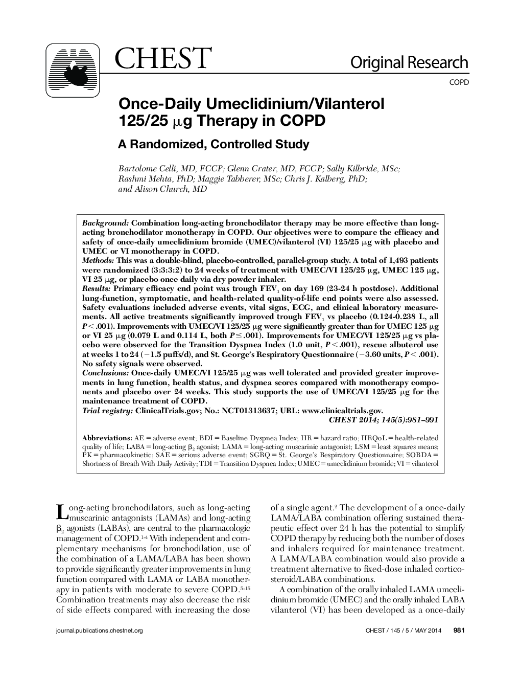 Once-Daily Umeclidinium/Vilanterol 125/25 μg Therapy in COPD : A Randomized, Controlled Study