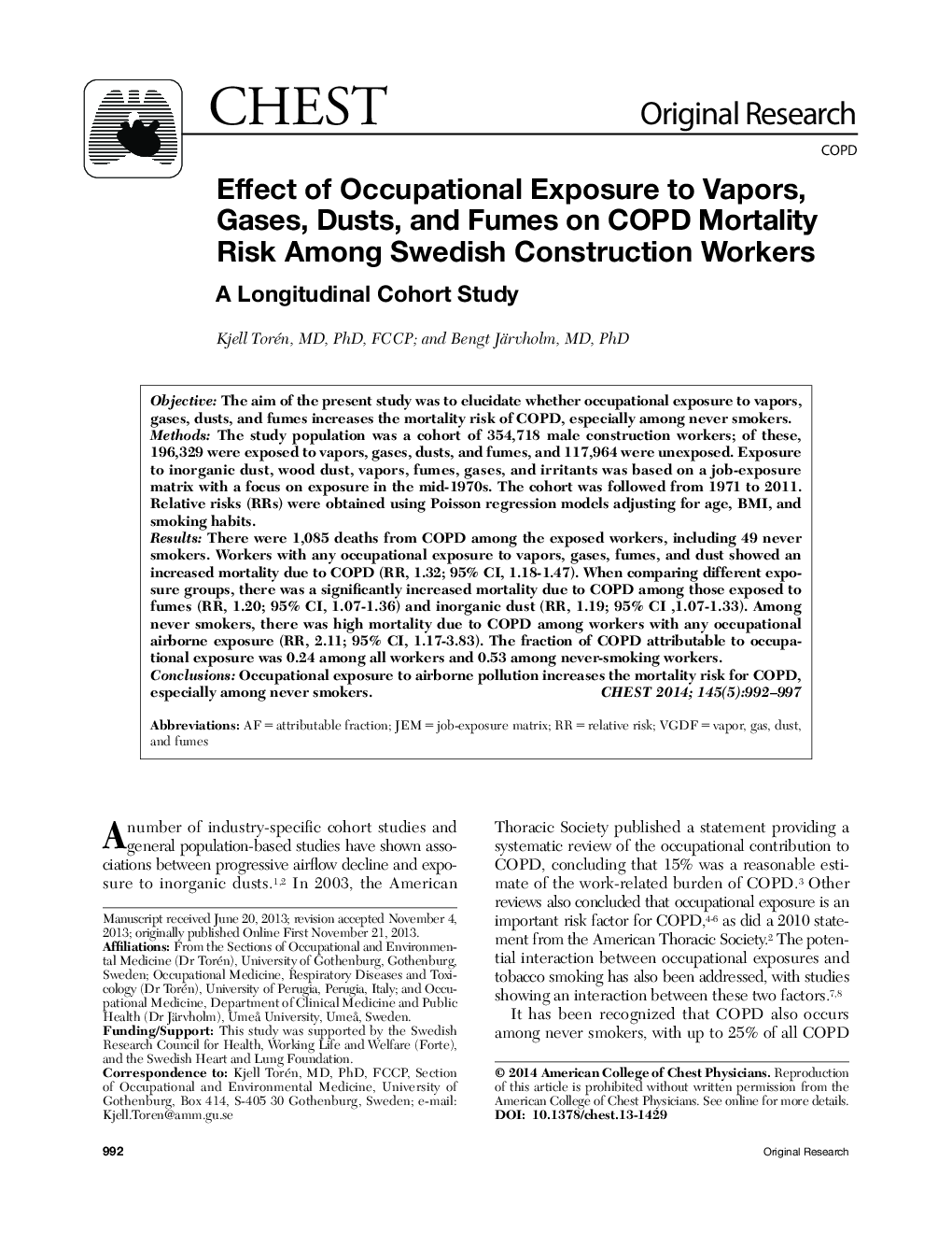 Effect of Occupational Exposure to Vapors, Gases, Dusts, and Fumes on COPD Mortality Risk Among Swedish Construction Workers