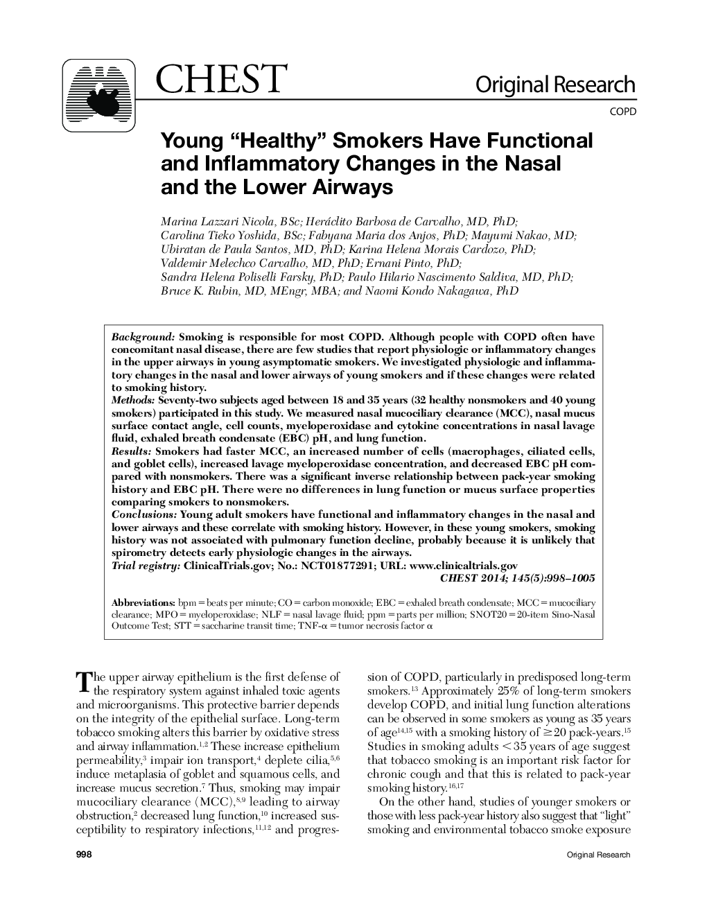 Young “Healthy” Smokers Have Functional and Inflammatory Changes in the Nasal and the Lower Airways 
