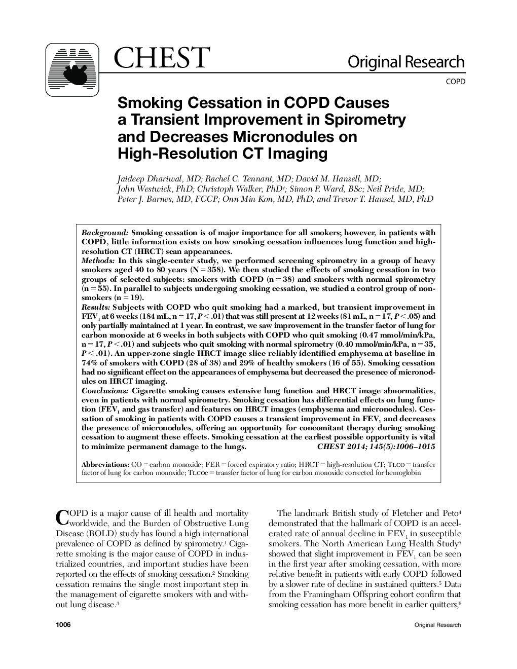 Smoking Cessation in COPD Causes a Transient Improvement in Spirometry and Decreases Micronodules on High-Resolution CT Imaging 