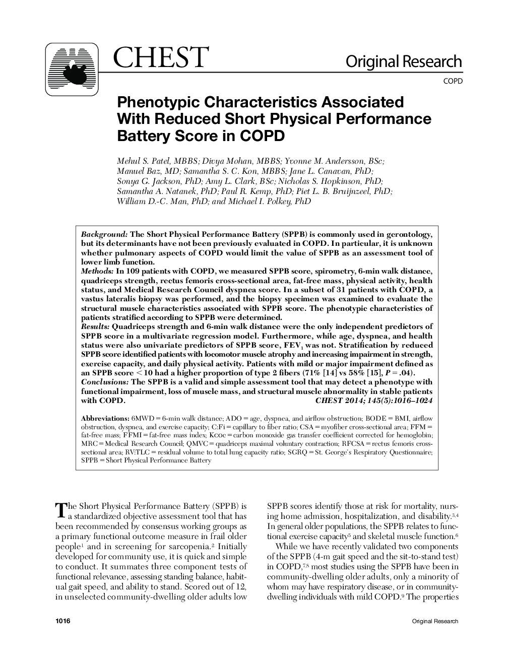 Phenotypic Characteristics Associated With Reduced Short Physical Performance Battery Score in COPD 