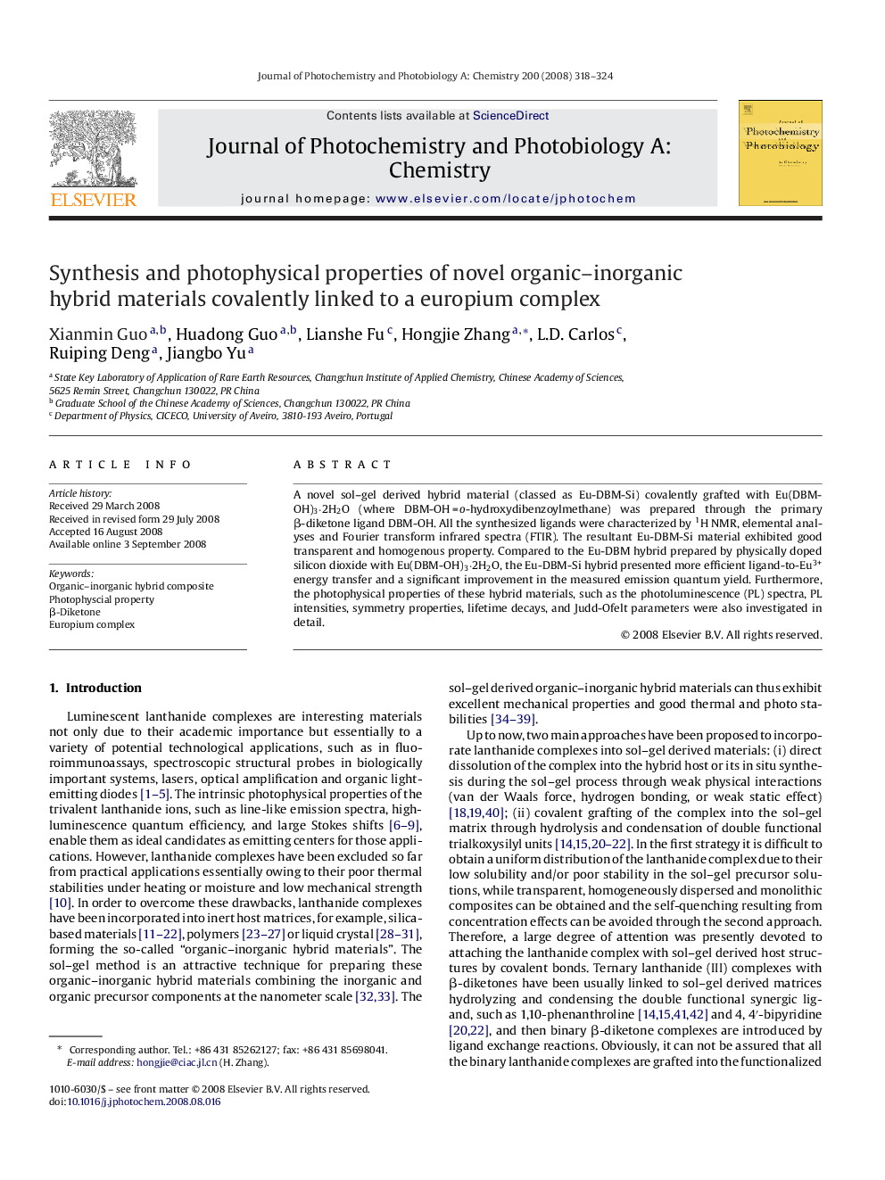 Synthesis and photophysical properties of novel organic–inorganic hybrid materials covalently linked to a europium complex