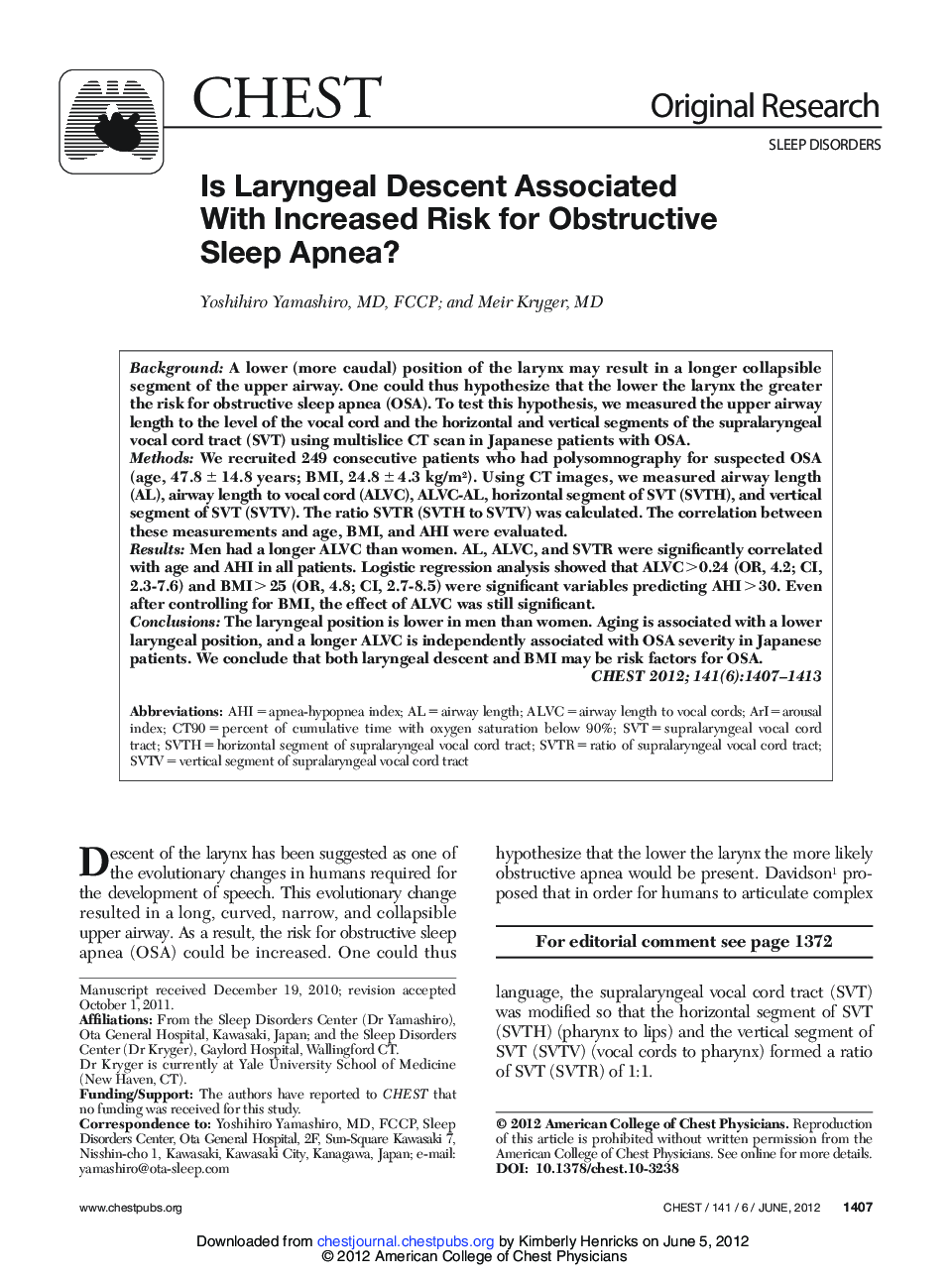 عکس صفحه اول مقاله: Is Laryngeal Descent Associated With Increased Risk for Obstructive Sleep Apnea? Is Laryngeal Descent Associated With Increased Risk for Obstructive Sleep Apnea?