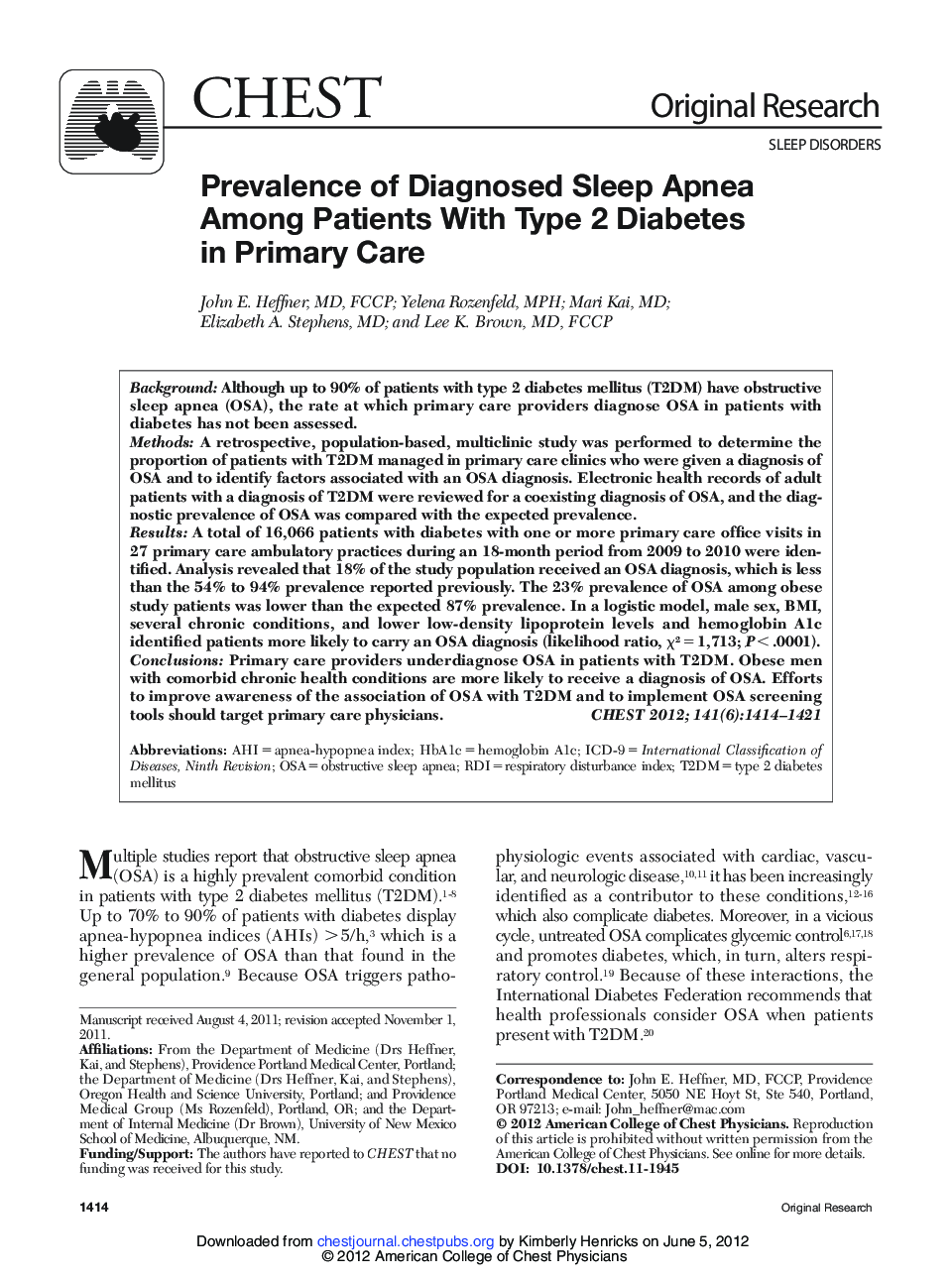 Prevalence of Diagnosed Sleep Apnea Among Patients With Type 2 Diabetes in Primary Care 