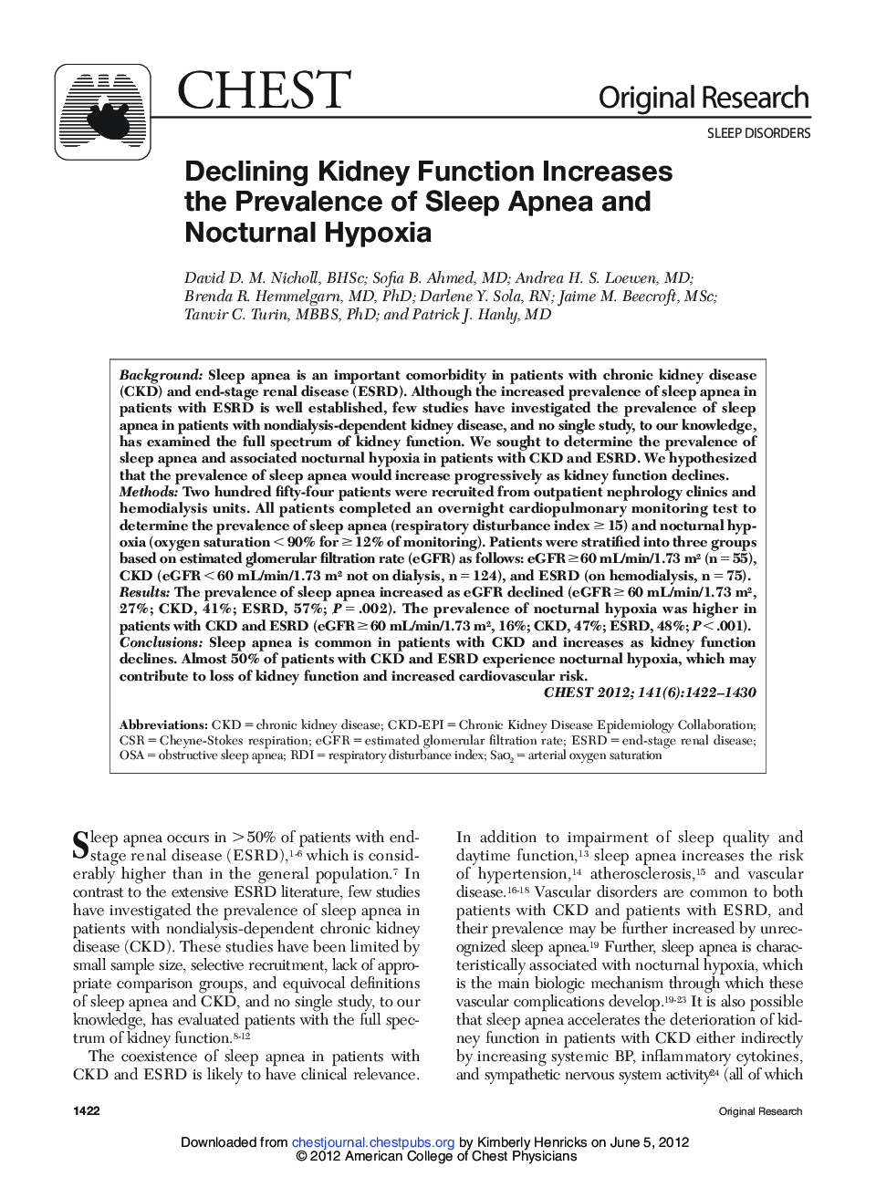 Declining Kidney Function Increases the Prevalence of Sleep Apnea and Nocturnal Hypoxia 
